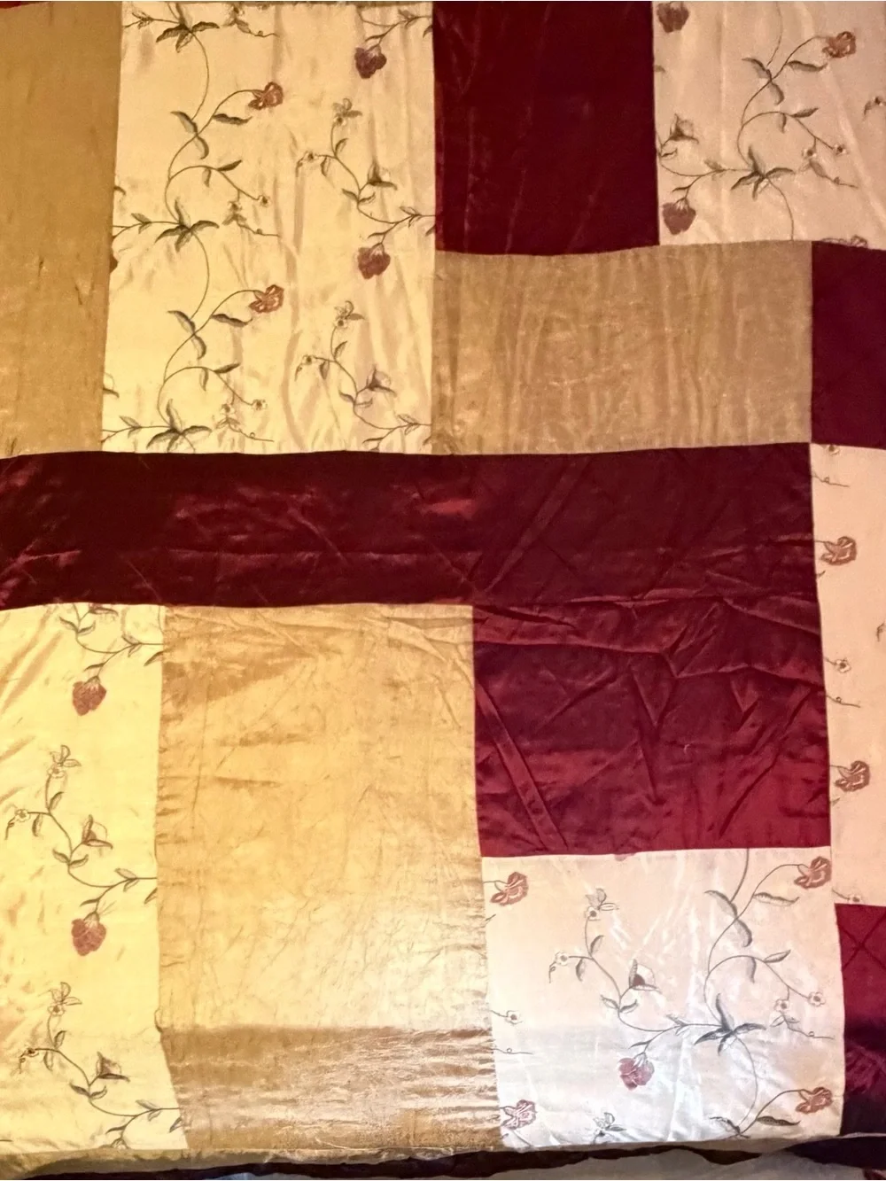 Elegant Floral Burgundy and Gold  Patchwork Duvet w Gold Dust Ruffle